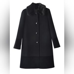 NEW Kate Sapde New York Faux Fur Collar Velvet Trim Wool Black Coat Size-4